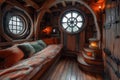 interior of bedroom captain cabin on a pirate ship. Inside wooden ancient historic pirate sail boat