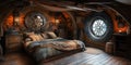 interior of bedroom captain cabin room on medieval pirate ship. Inside wooden sail boat