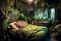 interior of bedroom in hotel with plants and a jungle inside. Dreams and imagination about fairy tales travel