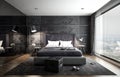 Interior bedroom mock-up, black modern style, 3D rendering, 3D i