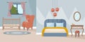 Interior of bedroom and nursery. Cozy bedroom with a cot. Vector cartoon illustration of a bright room with a double bed, Royalty Free Stock Photo