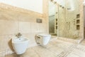 Interior of beige bathroom