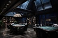 Interior of a billiard room with a lot of tables and chairs, A dark modern secret poker game room, AI Generated