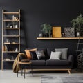 Interior with black sofa and ladder shelf in modern living room with wooden panelling and black wall with posters, home design