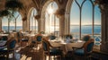 Interior with blue chairs of a chic restaurant on the Mediterranean coast. The tables are elegantly set for receiving