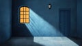 Interior of a blue room with a window and door illuminated by warm light Royalty Free Stock Photo