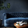 Interior with blue sofa and empty dark blue wall background. Living room