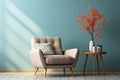 interior with blue wall with armchair and plant vase, 3d rendering. ia generative