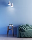 Interior with blue wall green armchair and wood side table Royalty Free Stock Photo