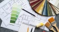 Interior blueprints color swatches paint brushes and roller floor plan paint sample Royalty Free Stock Photo