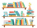Interior bookshelves. Books at bookshelf, textbooks pile, school education or bookstore shelf, library bookcase isolated
