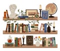 Interior bookshelves. Store shelves with books and vintage elements, poems and dictionaries, short stories and poetry