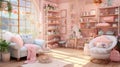 An interior of a boutique girls\' shop with a cozy reading corner