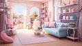 An interior of a boutique girls\' shop with soft pastel decor