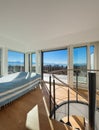 Interior, bright bedroom of a duplex,