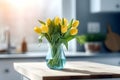 The interior of a bright kitchen, yellow tulips in a vase on the table under sunny light. Generative AI Royalty Free Stock Photo