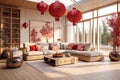 interior of a bright living room in Chinese style made from natural materials decorated with red Chinese lanterns