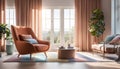 Interior of a bright living room with a terracotta armchair with a blanket thrown over it, a coffee table and a large window Royalty Free Stock Photo