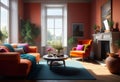 Interior of a bright living room with a terracotta armchair with a blanket thrown over it, a coffee table and a large window Royalty Free Stock Photo