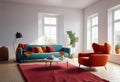 Interior of a bright living room with a terracotta armchair with a blanket thrown over it, a coffee table and a large window Royalty Free Stock Photo