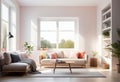 Interior of a bright living room with a terracotta armchair with a blanket thrown over it, a coffee table and a large window Royalty Free Stock Photo