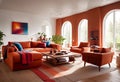 Interior of a bright living room with a terracotta armchair with a blanket thrown over it, a coffee table and a large window Royalty Free Stock Photo