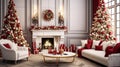 Interior of bright modern living room with fireplace, chandelier and comfortable sofa decorated with Christmas tree and red gifts