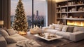 Interior of bright modern living room with fireplace, chandelier and comfortable sofa decorated with Christmas tree and red gifts Royalty Free Stock Photo