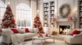 Interior of bright modern living room with fireplace, chandelier and comfortable sofa decorated with Christmas tree and red gifts