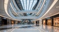 Interior of a Bright Modern Shopping Mall with Escalators and Storefronts Royalty Free Stock Photo