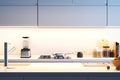 Interior of bright modern stylish kitchen with empty space on table. 3d rendering. Royalty Free Stock Photo