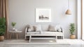 interior of a bright room in a minimalist style. wall with a picture and some furniture in front of it