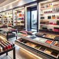 Interior of a well-lit cosmetics store displaying makeup products on shelves and displays Royalty Free Stock Photo