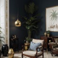 Interior of british colonial living room A modern classic armchair beside an antique sino-portuguese cabinet and luxury marble Royalty Free Stock Photo