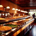 Interior of buffet restaurant with large servings of food laid out, indoor architecture Royalty Free Stock Photo