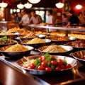 Interior of buffet restaurant with large servings of food laid out, indoor architecture Royalty Free Stock Photo