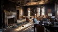 Interior of an burned house with sofas and fireplace. Generative AI