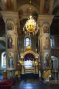 Interior with Burning candles in a Russian ortodox church. Close