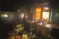 Interior of a burnt by fire apartment in an apartment building, burned furniture Royalty Free Stock Photo