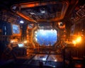 Interior of the cabin inside the futuristic spaceship. Imaginative pilot command post in spacecraft. Generative AI
