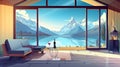 Interior of cabin and terrace with mountain view. Cottage design with wine and couch. Wooden chalet with patio and lake Royalty Free Stock Photo