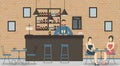 Interior of cafe or bar in loft style. Bar counter, bartender in blue shirt with glasses of champagne,beautiful women and shelves