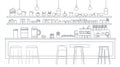 Coffee Shop Bar Interior Line Drawing with Espresso Machine, Stools and Shelves Royalty Free Stock Photo