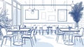 Cafe Interior Blueprint Restaurant Seating, Tables, and Windows Sketch Royalty Free Stock Photo