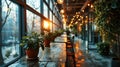 Interior of a cafe in the evening light. Beautiful flowers in pots