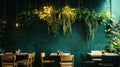Cozy Cafe Interior with Hanging Plants and Warm Lighting Royalty Free Stock Photo