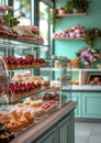 interior cafe shot, Showcase in a candy store. Glass stand with cake eclairs and tartlets. refrigerator shelves with