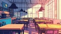 Empty Coffee Shop Interior, Restaurant Tables and Chairs, Anime Style Royalty Free Stock Photo