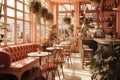 Interior of a cafe with tables and chairs, vintage toned in peach colors