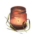 Interior candle in a brown jar. Aromatherapy. Meadow grasses. Watercolor illustration. For background design, packaging